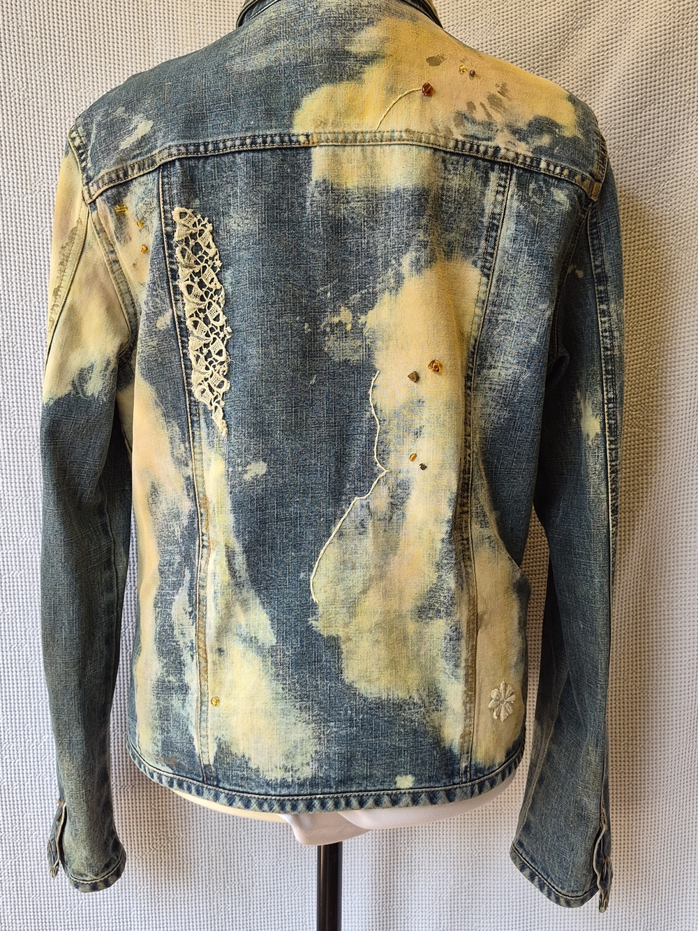 Upcycled Y2K Blue and Cream Embellished Denim Jacket - Picture 2 of 16